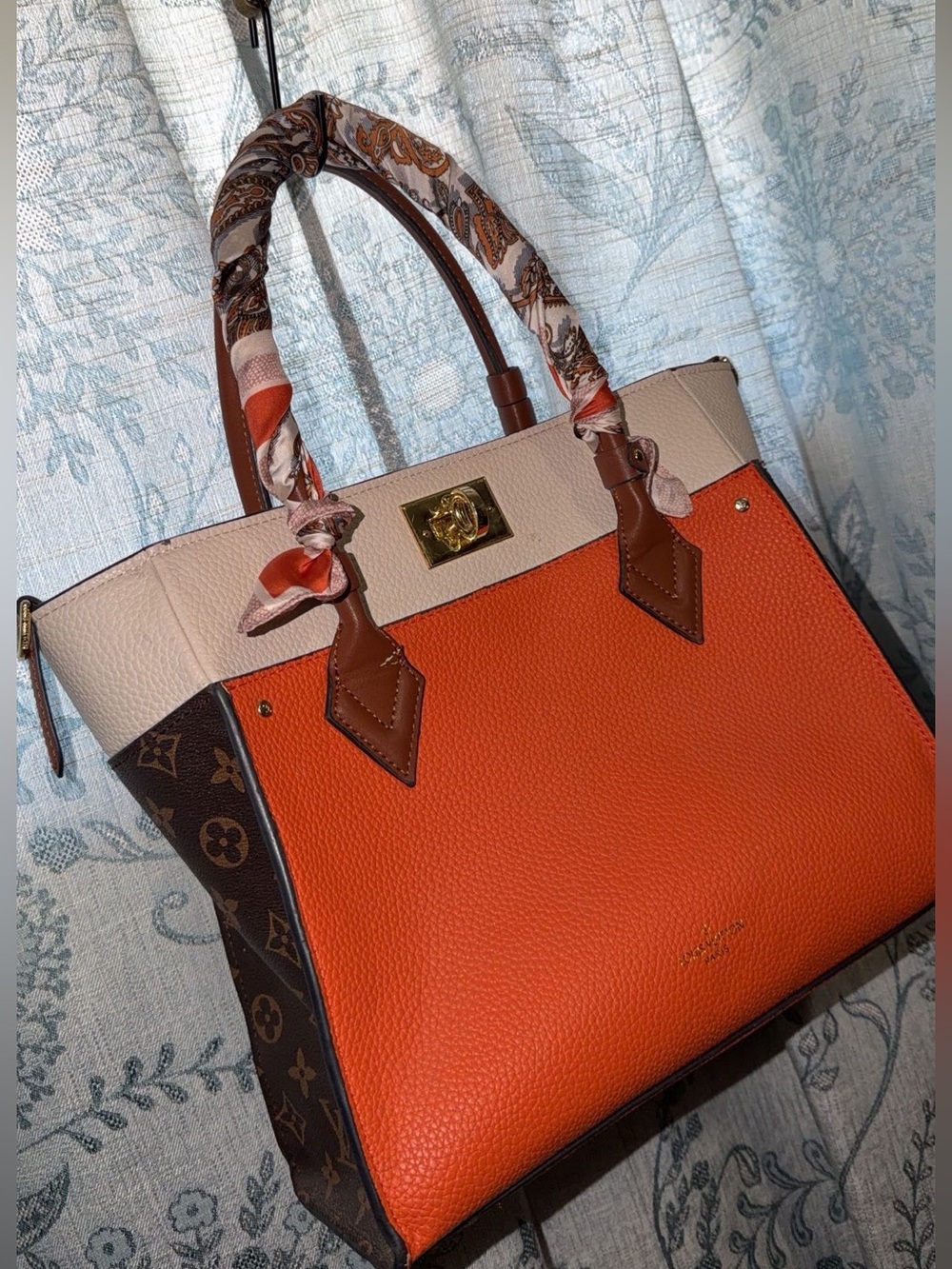 Orange and Cream Leather Tote with Monogram Side Panels - Picture 2 of 10